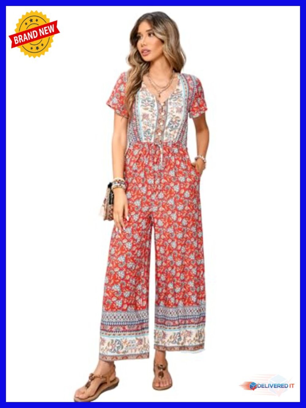 Boho Floral Print V Neck Short Sleeve Wide Leg Romper Jumpsuit
